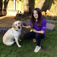 Photo of Labrador and handler sat in the garden