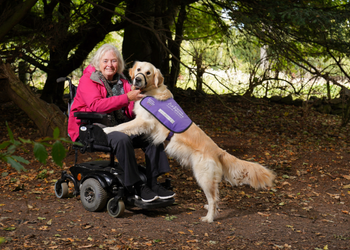 Jane and canine partner Walshy in the woods with dog doing a 'my lap' both looking happy at the camera
