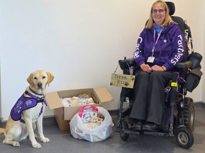 Lady and wheelchair with massive box of stamps and dog ambassador Libby sat next to them