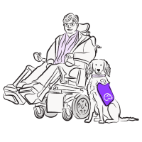 Illustration of lady in wheelchair with her doodle Canine partner in a jacket