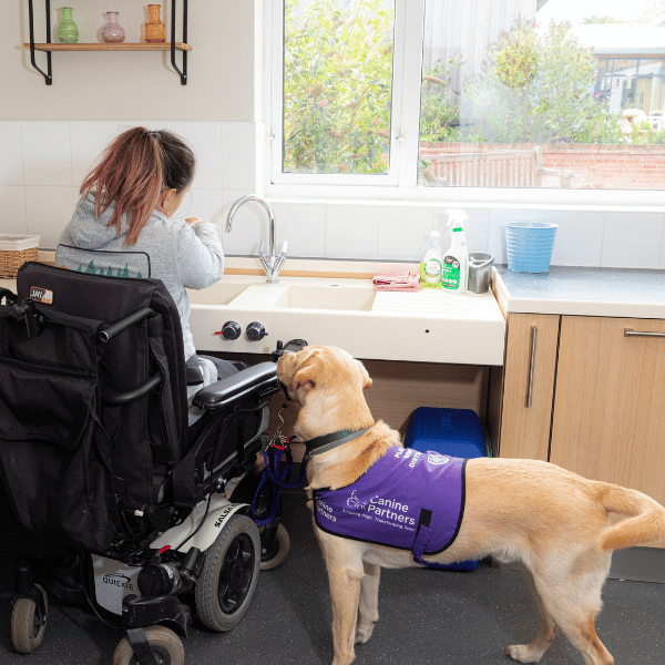 Photo of lady washing hands with assistance dog next to her
