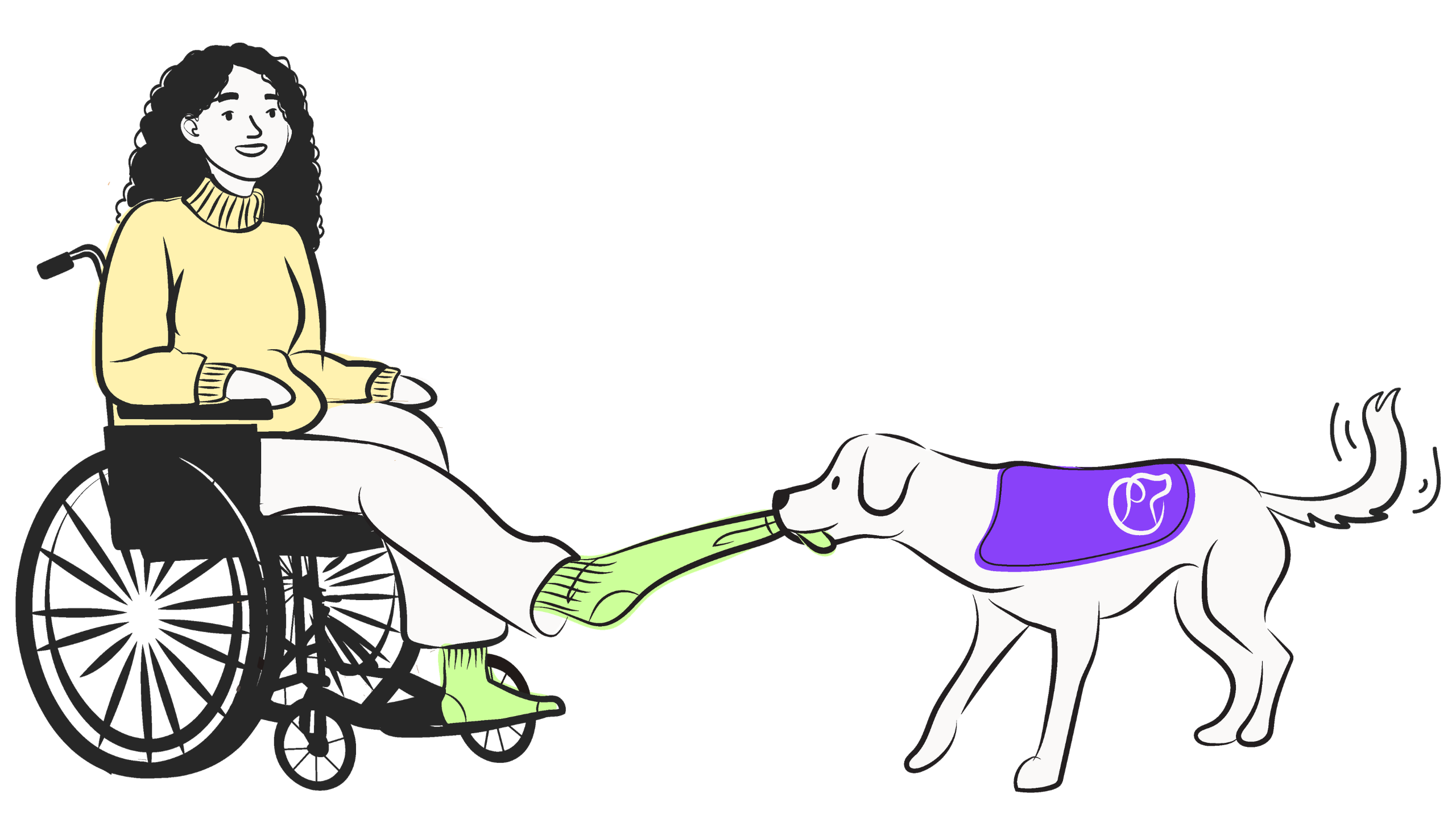 Illustration with lady in wheelchair with dog tugging off it sock