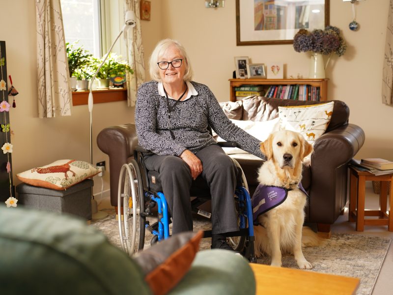 Jane and Canine Partner walshy. Walshy sat next to Jane in a wheelchair in her living room
